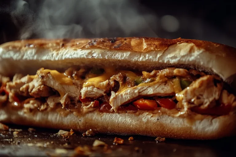 A freshly made chicken Philly cheesesteak recipe featuring grilled chicken, melted cheese, and sautéed onions inside a toasted hoagie roll
