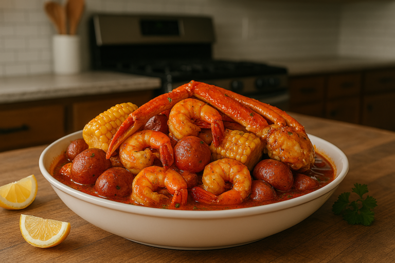 A juicy seafood boil in a bag, filled with shrimp, crab legs, corn on the cob, red potatoes, and sausage, all coated in glossy Cajun butter sauce. The dish is garnished with fresh parsley and lemon wedges, set on a rustic wooden table with a cozy kitchen background