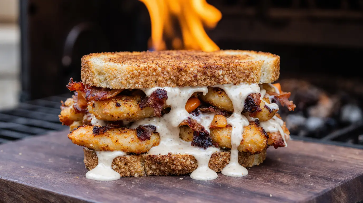 Crispy Bacon Ranch Chicken Melt cut in half showing melted cheese, crispy bacon and golden toasted bread
