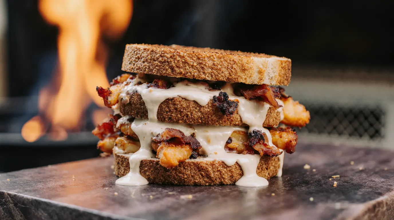 Crispy Bacon Ranch Chicken Melt being assembled with cheese melting on hot chicken