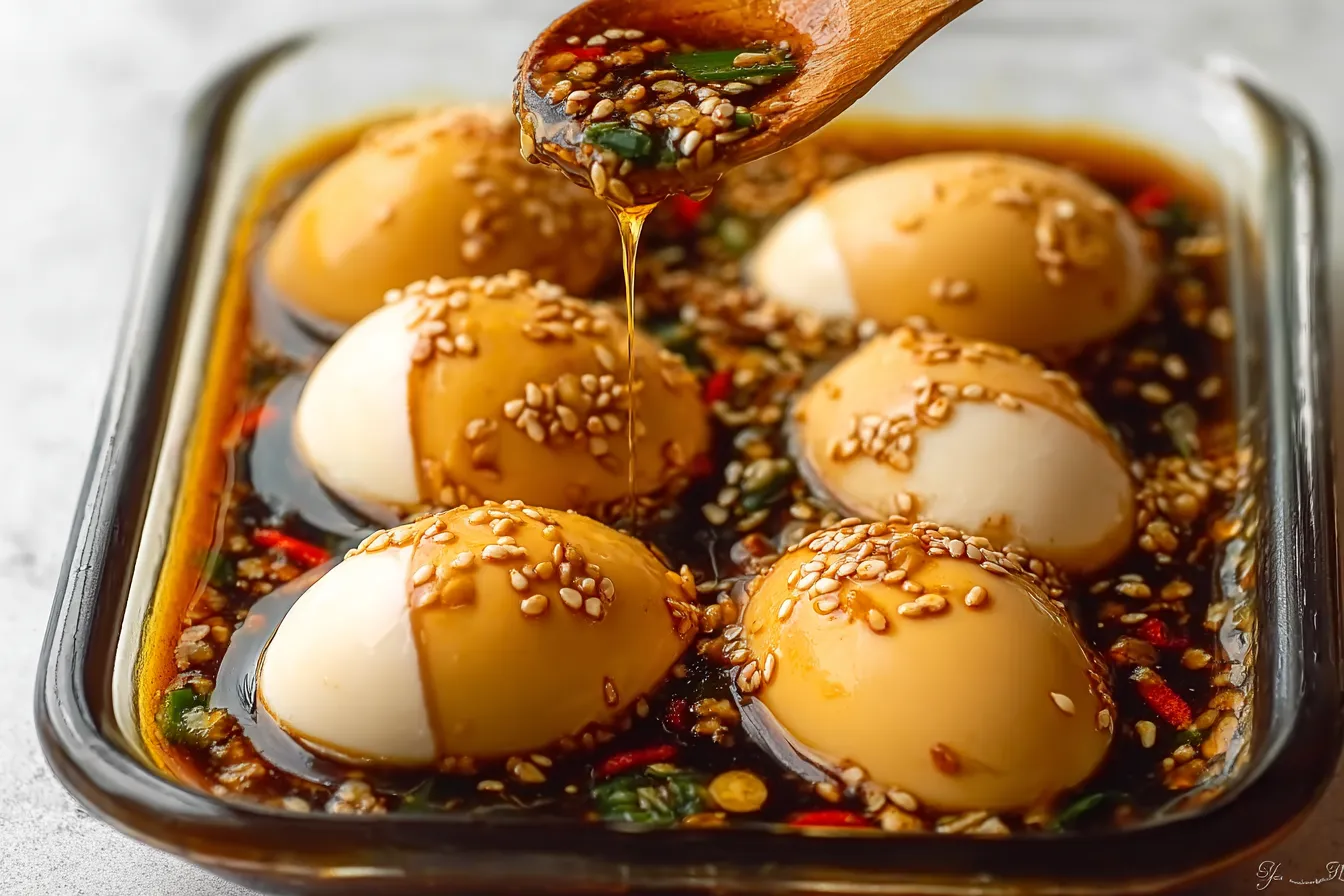 Korean soy sauce eggs marinating in soy sauce mixture in glass container