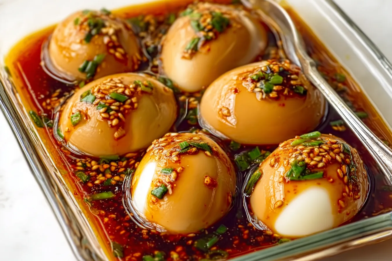 Close-up of Korean soy sauce marinated eggs sliced in half showing jammy yolk