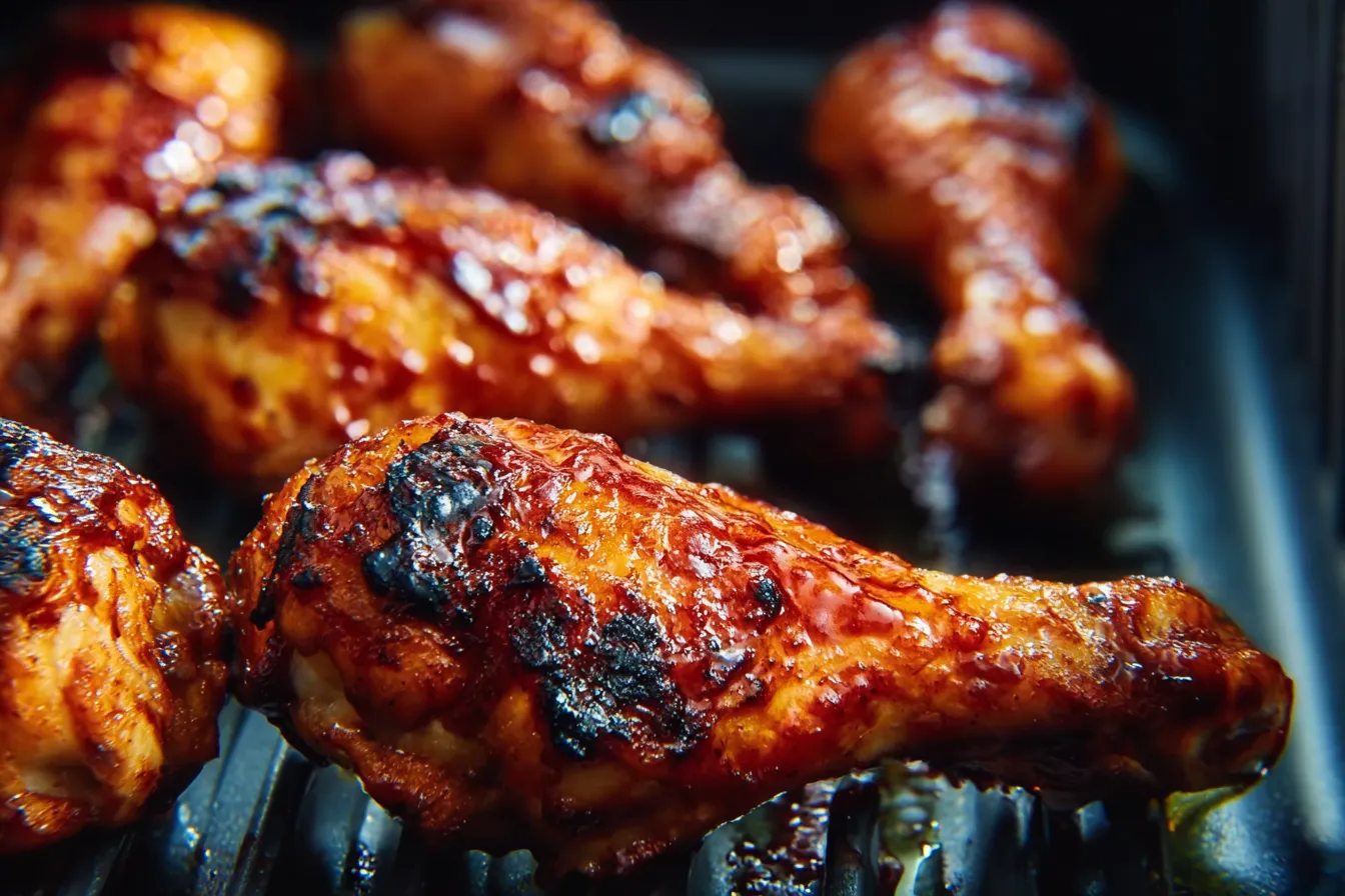 Air fryer BBQ chicken drumsticks with sticky caramelized glaze on plate
