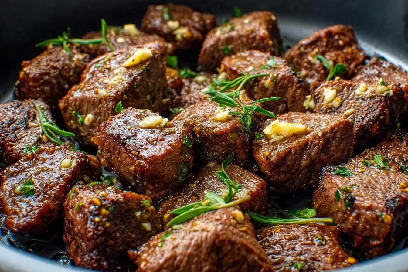 Air fryer steak bites served in bowl with garlic butter sauce close up