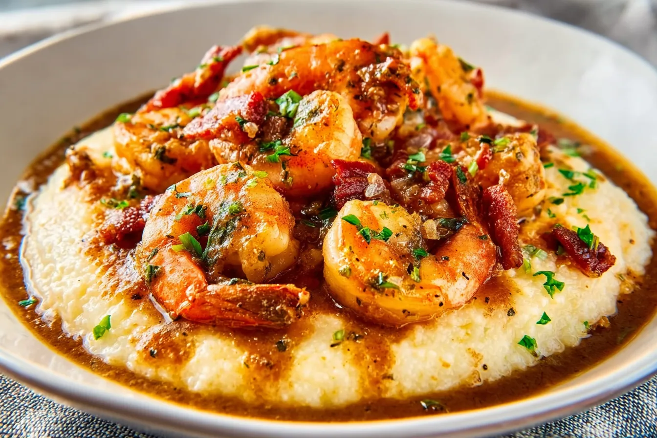 Creamy cheddar grits in saucepan ready for plating