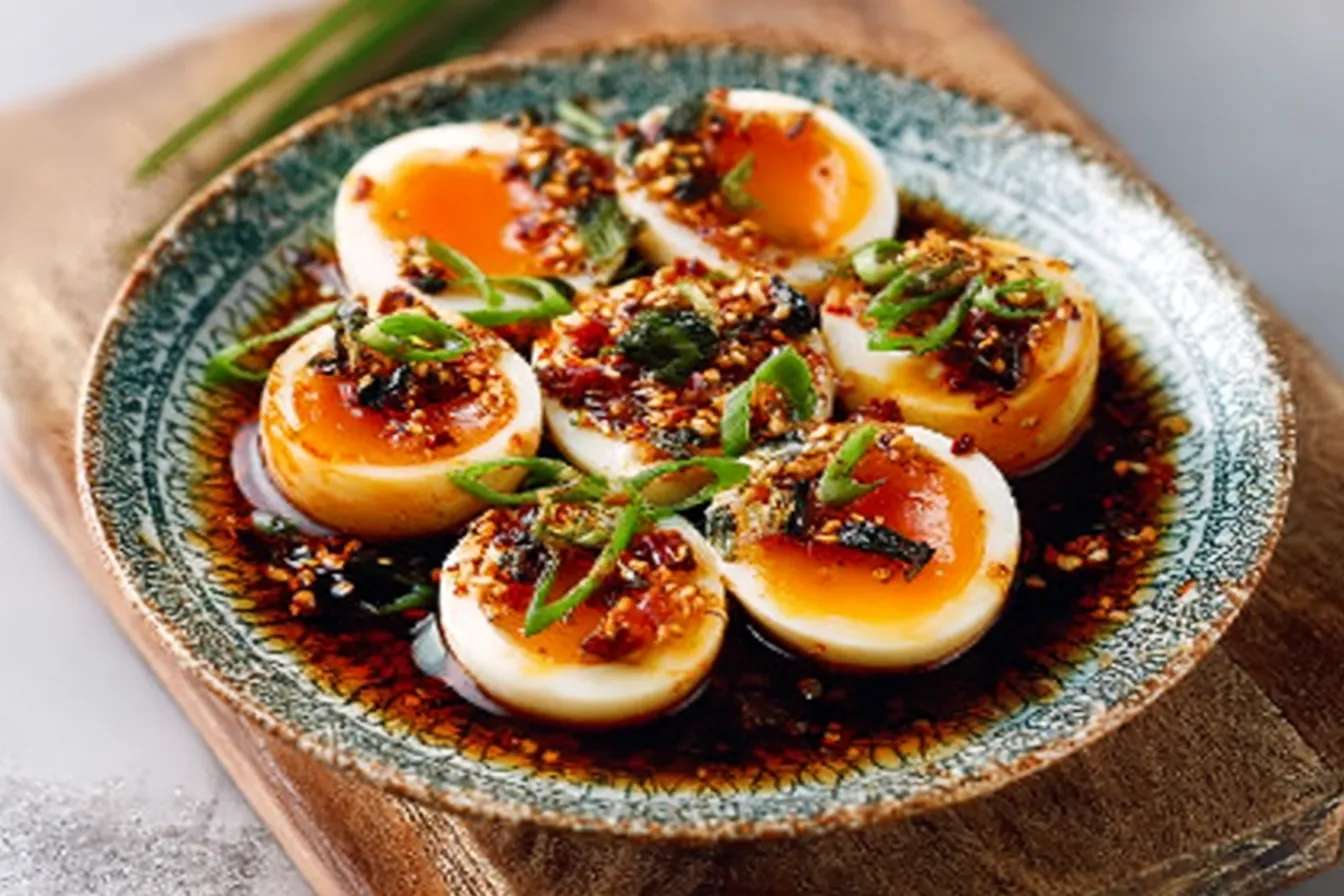 Chinese soy sauce eggs in mason jar with marinade showing deep brown color