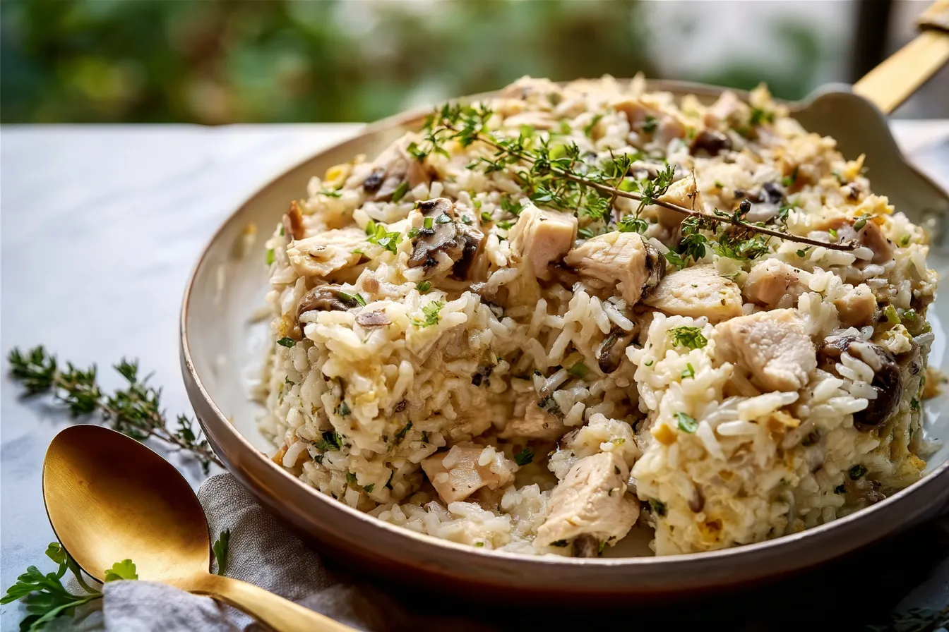 Creamy Chicken and Mushroom Rice Bake ingredients laid out on a kitchen counter