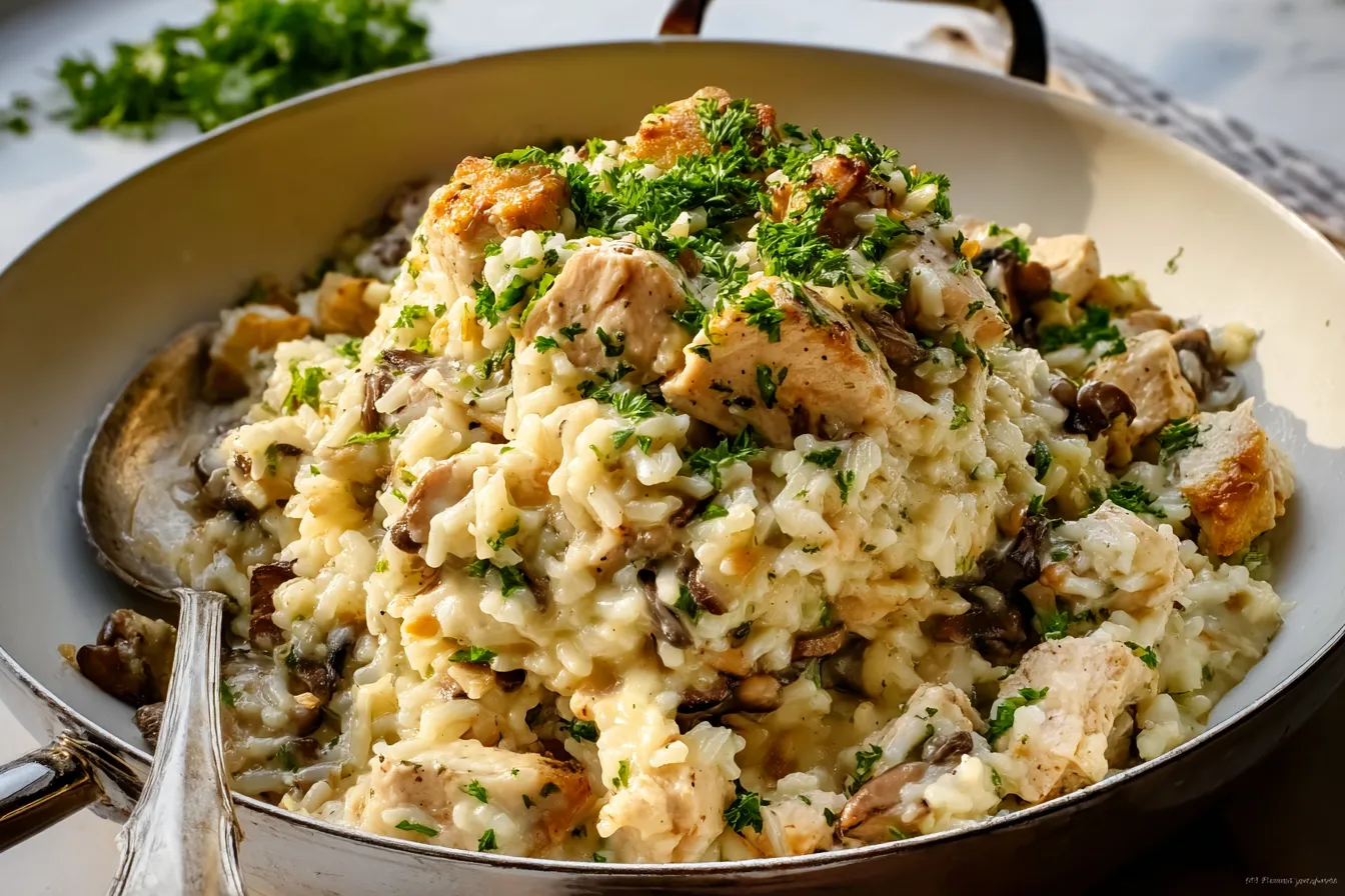 Chicken and mushrooms sautéing in skillet for the creamy rice bake