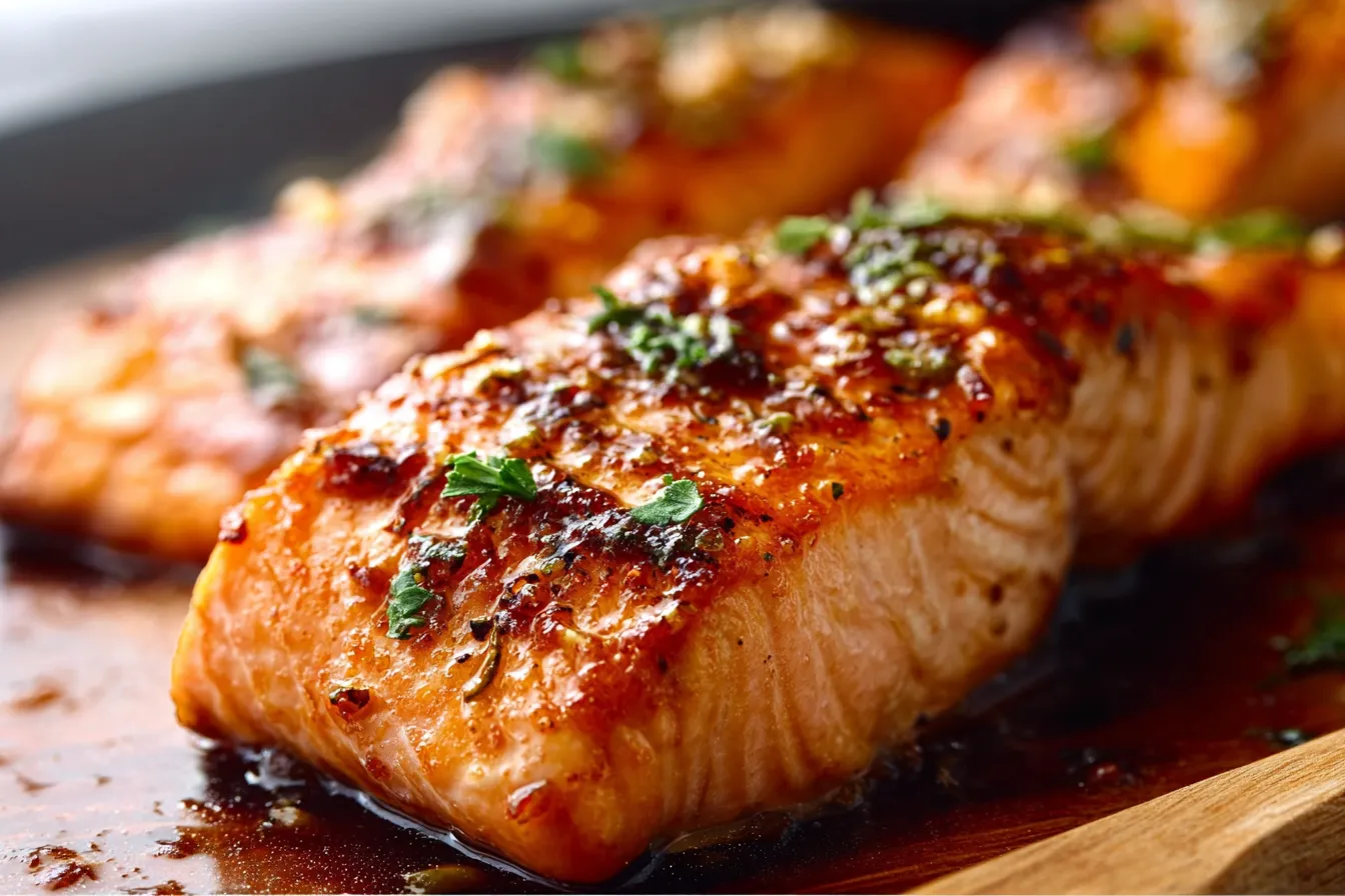 Honey glazed salmon close-up showing caramelized glaze texture and flaky interior