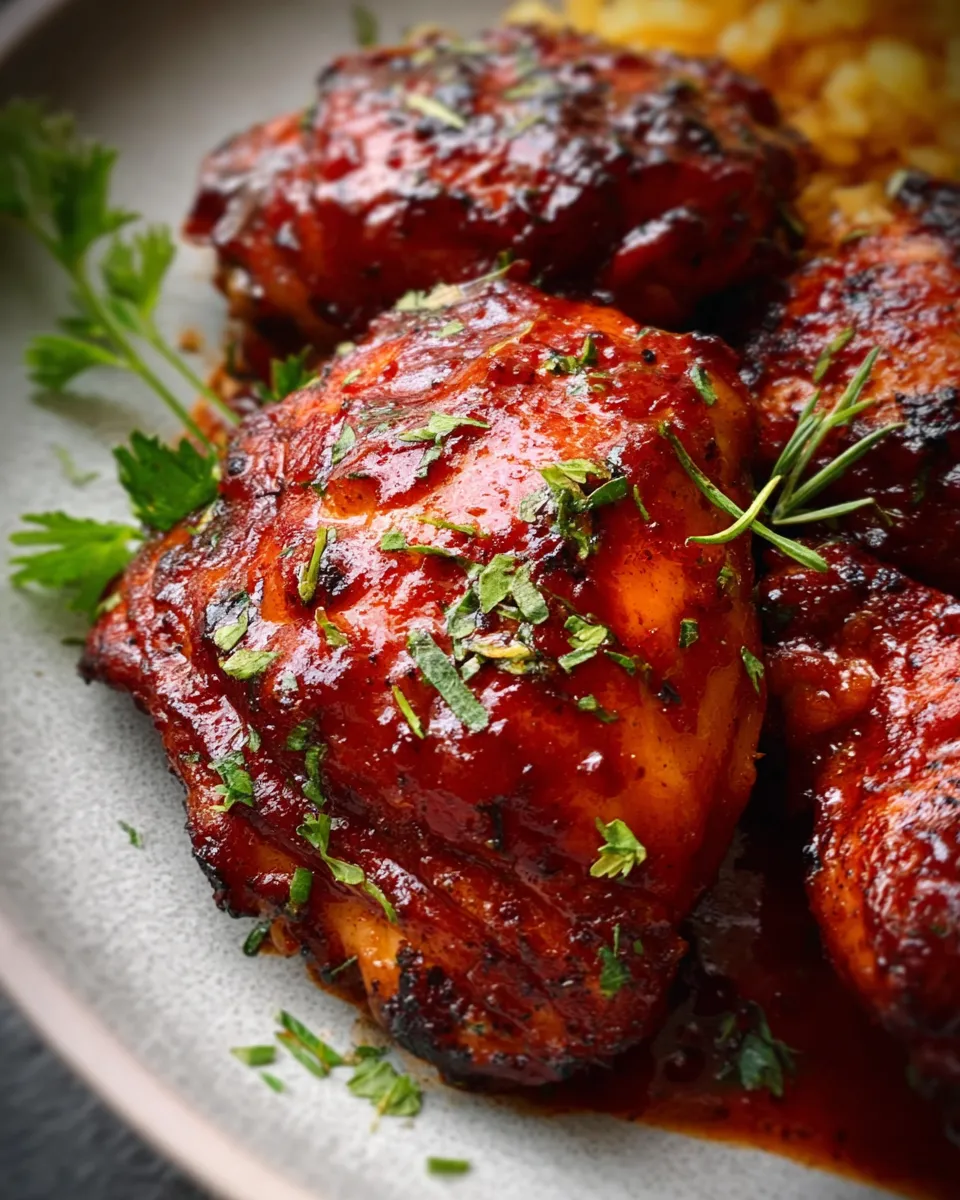 Crockpot BBQ chicken thighs dairy free glossy sauce