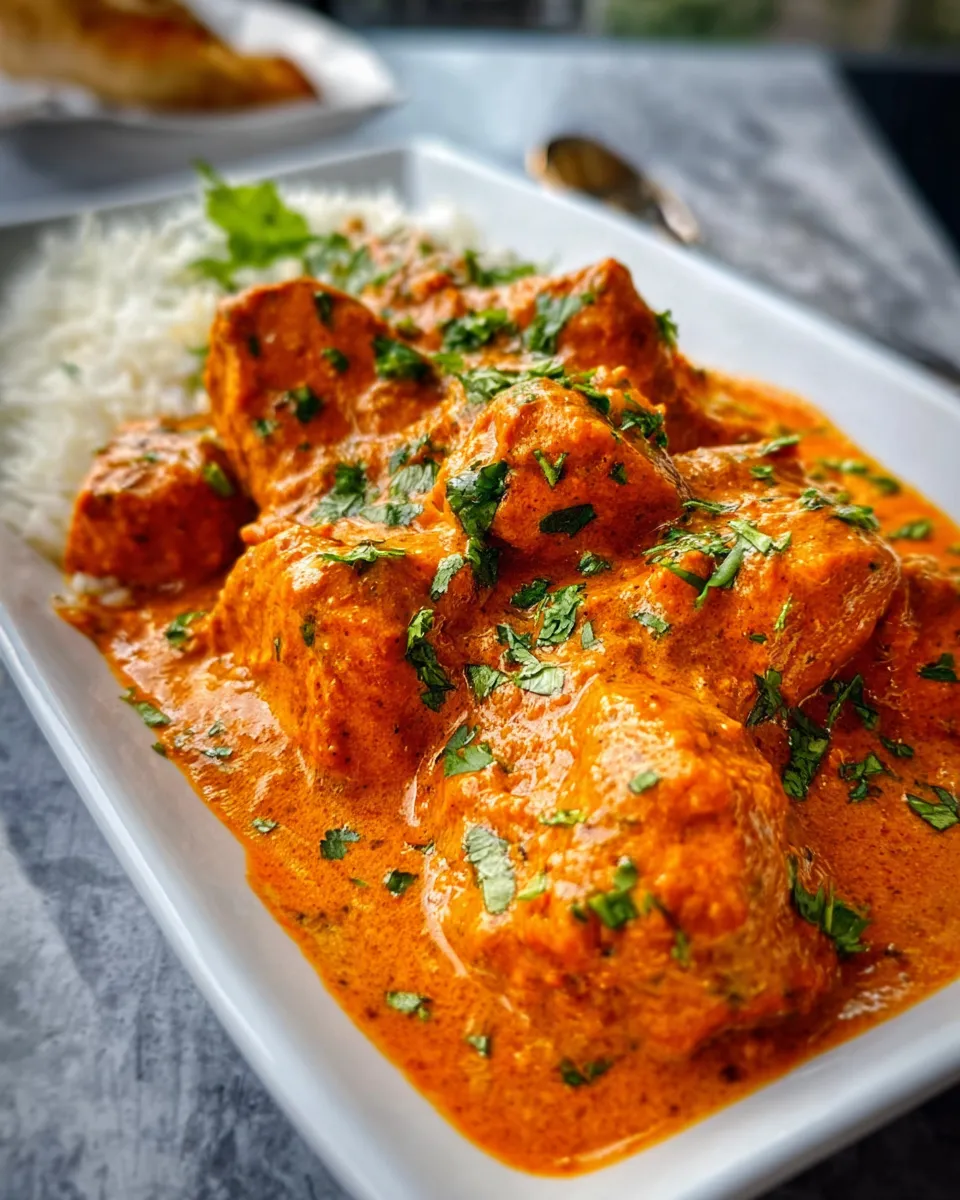 Dairy free crockpot chicken tikka masala orange sauce over rice