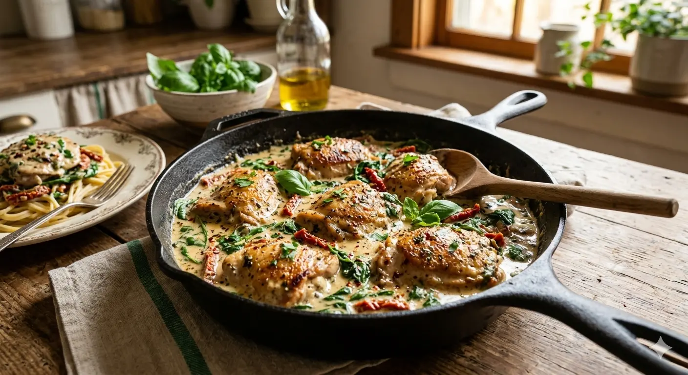 Dairy Free Creamy Tuscan Chicken in a cast iron skillet