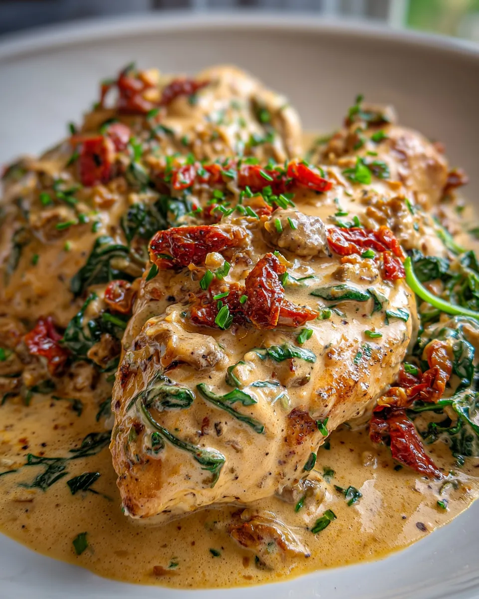 Dairy Free Creamy Tuscan Chicken in a cast iron skillet