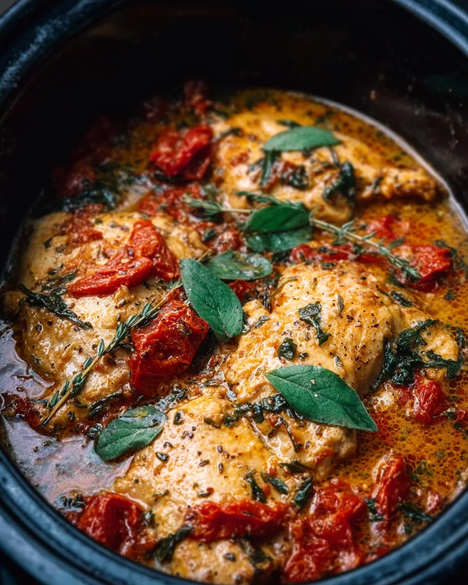 Slow cooker Tuscan chicken dairy free spinach sun-dried tomatoes
