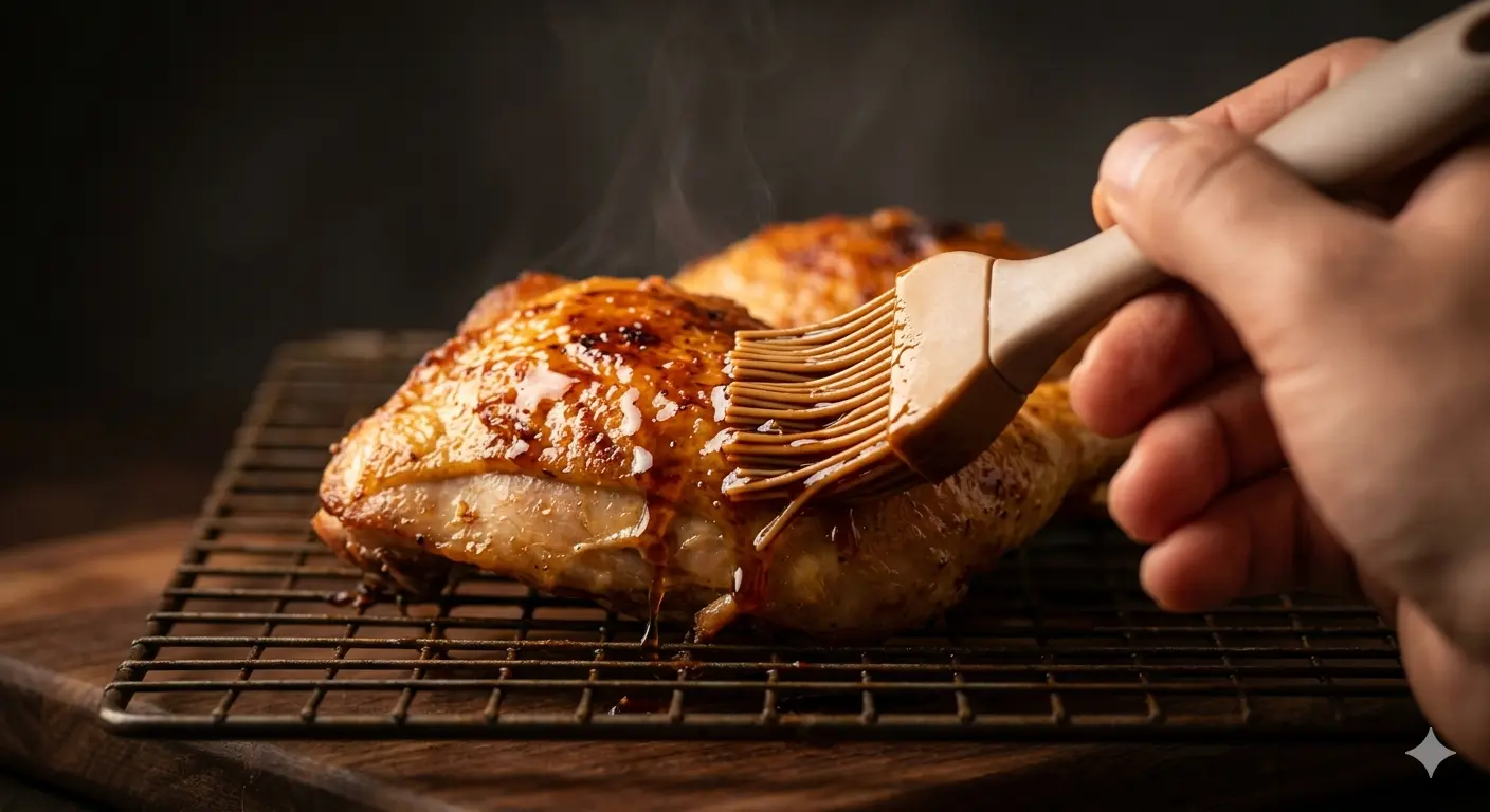 Sticky teriyaki sauce being brushed on chicken