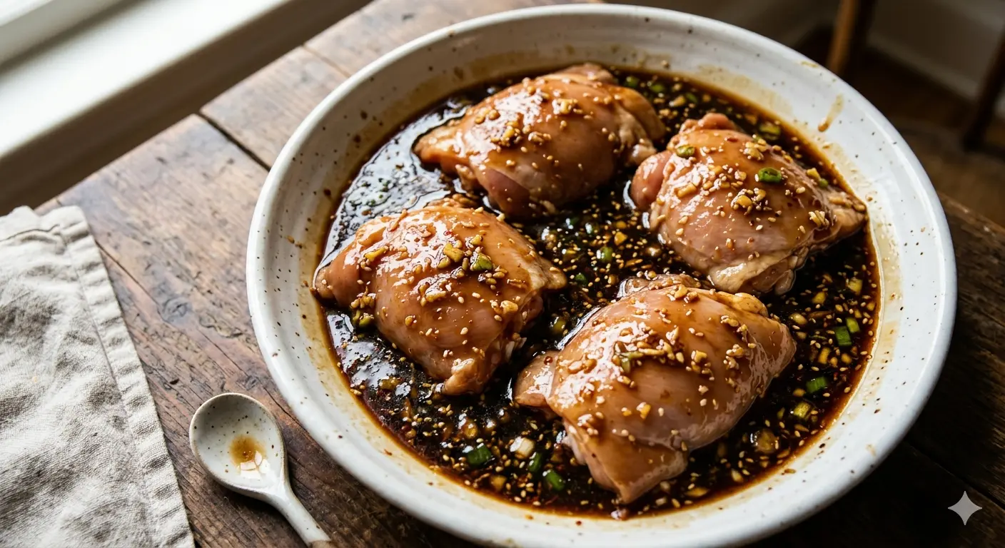 Raw chicken thighs in teriyaki marinade