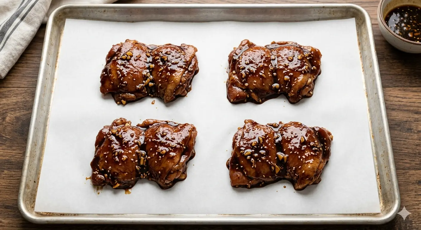 Chicken thighs on baking sheet before oven
