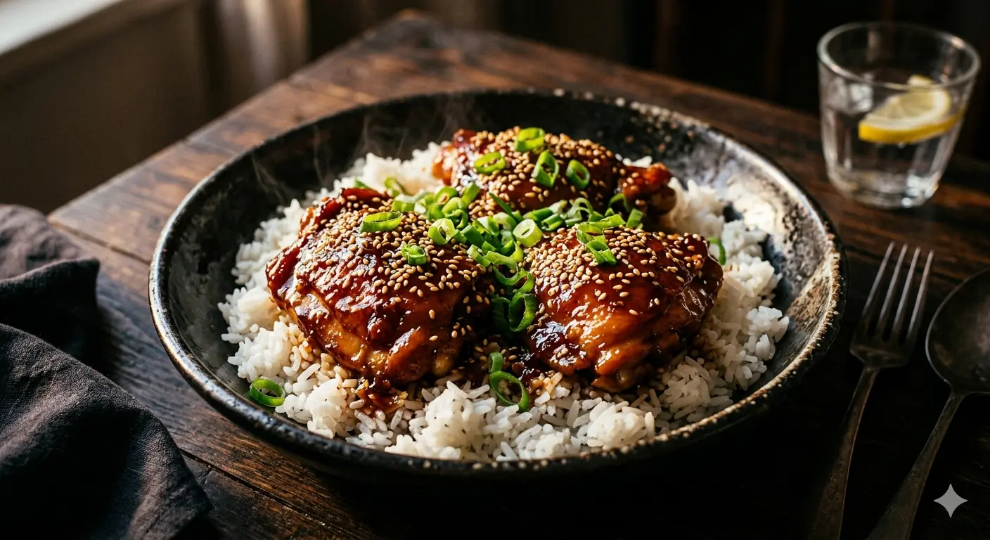 Finished sticky teriyaki chicken thighs plated with rice