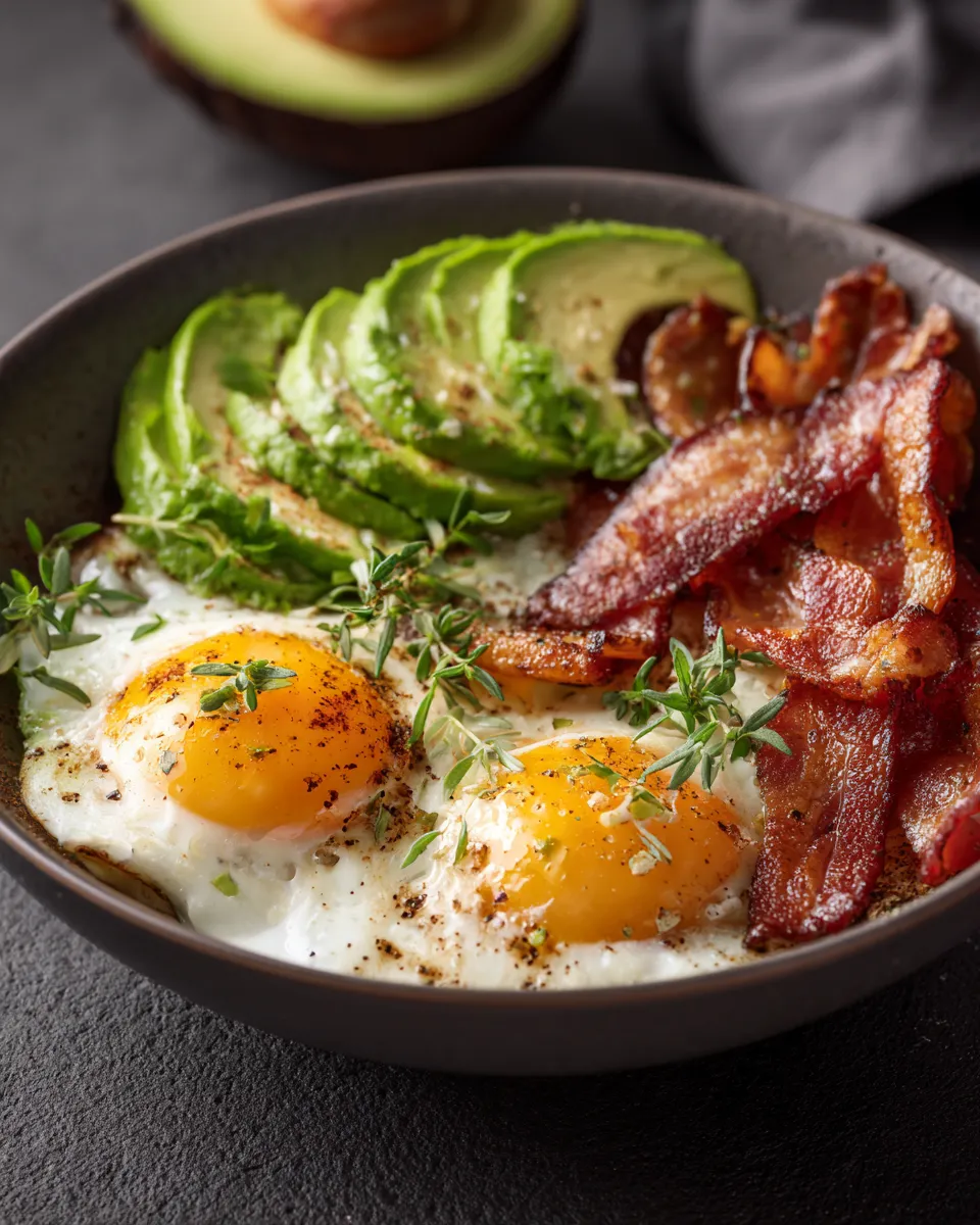Dairy free keto breakfast bowl eggs avocado bacon